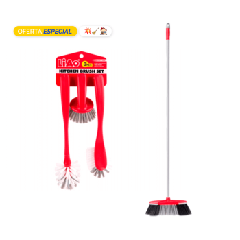Conjunto 3 cepillos con soporte para colgar + Escoba 1.30mts