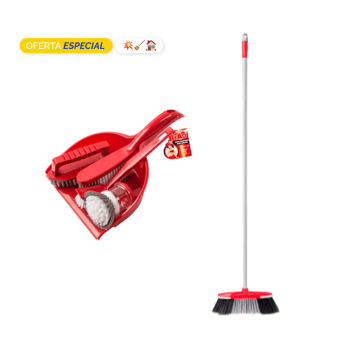 Conjunto de pala y 3 cepillo con 1 cepillo con depósito de jabón + Escoba 1.30mts